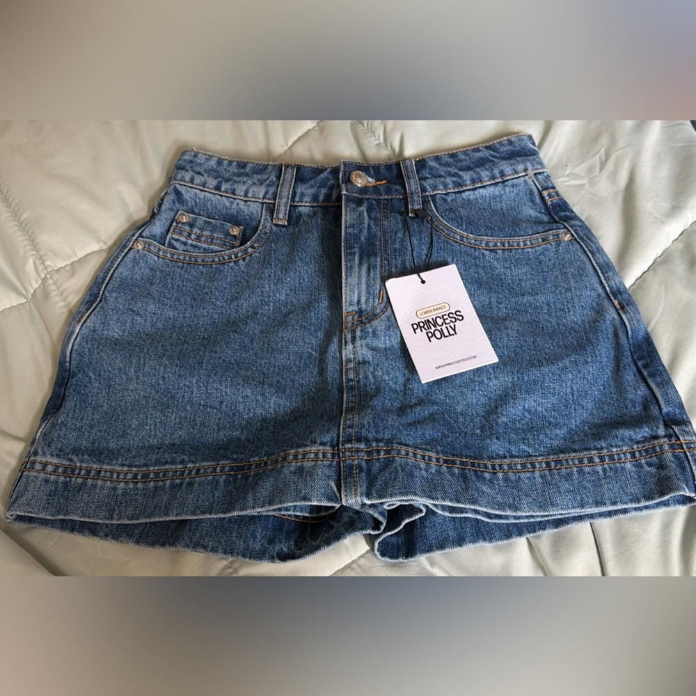 Princess Polly Medium Blue High-Rise Denim skirt with built in shorts